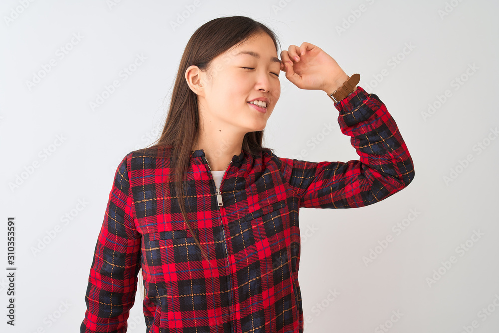 Young chinese woman wearing casual jacket standing over isolated white background stretching back, tired and relaxed, sleepy and yawning for early morning Young chinese woman wearing casual jacket standing over isolated white background stretching back, tired and relaxed, sleepy and yawning for early morning