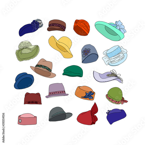Vector set of women's hats on white background Vintage and retro style. Female Fashion. Shopping, shop, store.