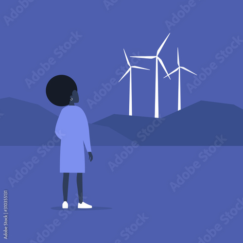 Renewable energy source, young black female character looking at the wind turbines on the horizon, Eco friendly responsible behaviour, sustainability