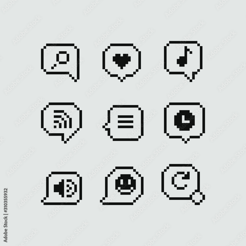 Speech bubble pixel art icon, search, like, music, clock, volume, smile, update. Design stickers, logo, mobile app and website. Isolated vector illustration. 8-bit sprite. Speech bubble pixel art icon, search, like, music, clock, volume, smile, update. Design stickers, logo, mobile app and website. Isolated vector illustration. 8-bit sprite.