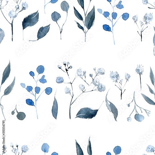 Fototapeta Naklejka Na Ścianę i Meble -  Watercolor seamless pattern with black and blue plants