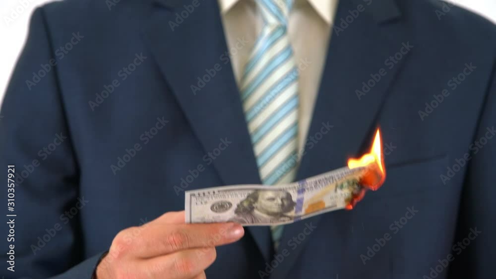 Businessman in Suits Burning One USD Dollar Money with Match