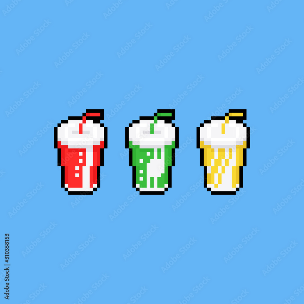 Pixel art soft drink paper cup icon set. Pixel art soft drink paper cup icon set.