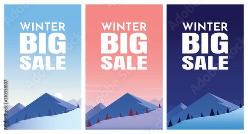 Winter mountain landscape at sunrise, sunset and night. Winter Sale Season banners set template vector illustration