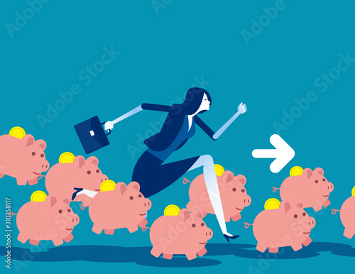Saving money concept, Running with piggy bank, Flat business cartoon vector illustration.