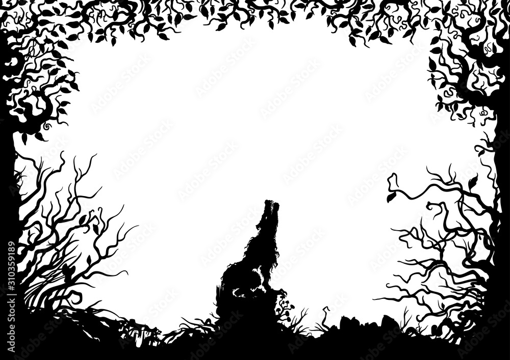 Lone wolf in the forest frame/ Illustration horizontal frame with a wolf, stub, snag, trees, shrubs, silhouettes