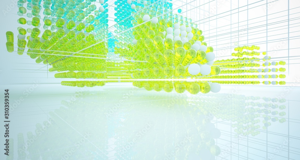 Fototapeta premium Abstract white interior from array colored gradient glasses spheres with large window. 3D illustration and rendering.