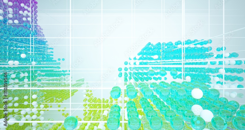 Obraz premium Abstract white interior from array colored gradient glasses spheres with large window. 3D illustration and rendering.