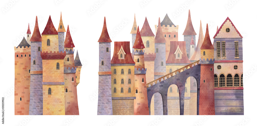 Set of medieval castles with towers and bridge. Hand drawn illustration. - obrazy, fototapety, plakaty 