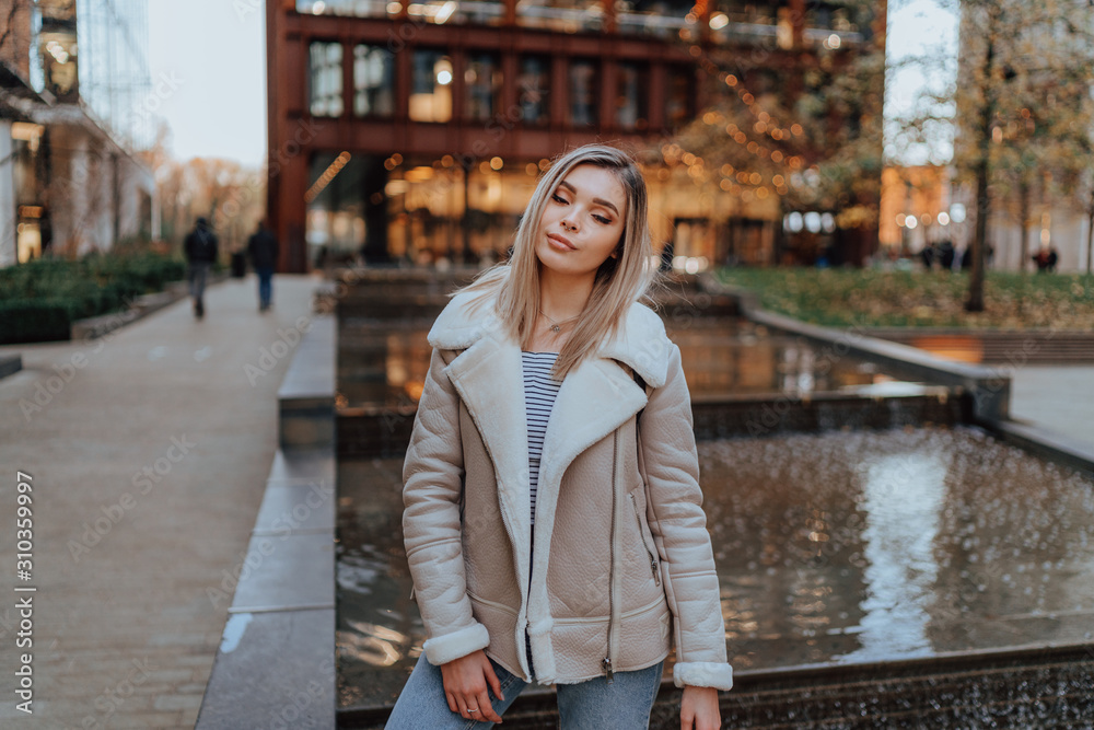 Portrait of Charming Young Blonde Girl, Fashion Street Style