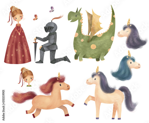 Set of cute characters - princess, knight, dragon, unicorn and butterfly. Hand drawn illustration.