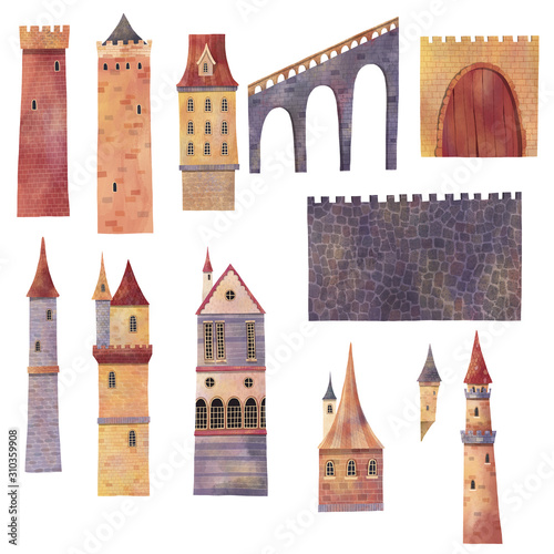 Set of medieval towers, castles, bridge and walls. Hand drawn illustration. photo