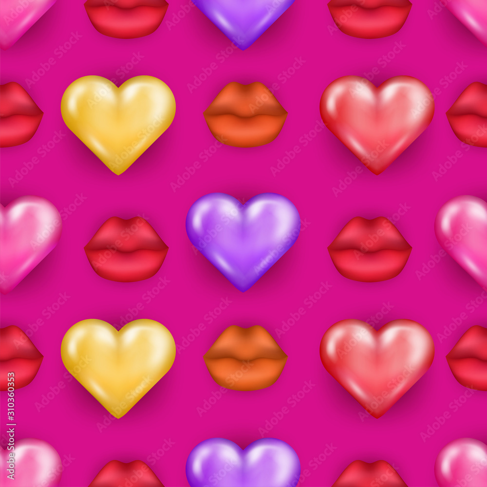 Romantic 3d pink hearts and lips vector seamless pattern. Valentine's day celebration background for textile, banners, posters. Retro sweet feelings theme, various decorative silhouettes, date symbols