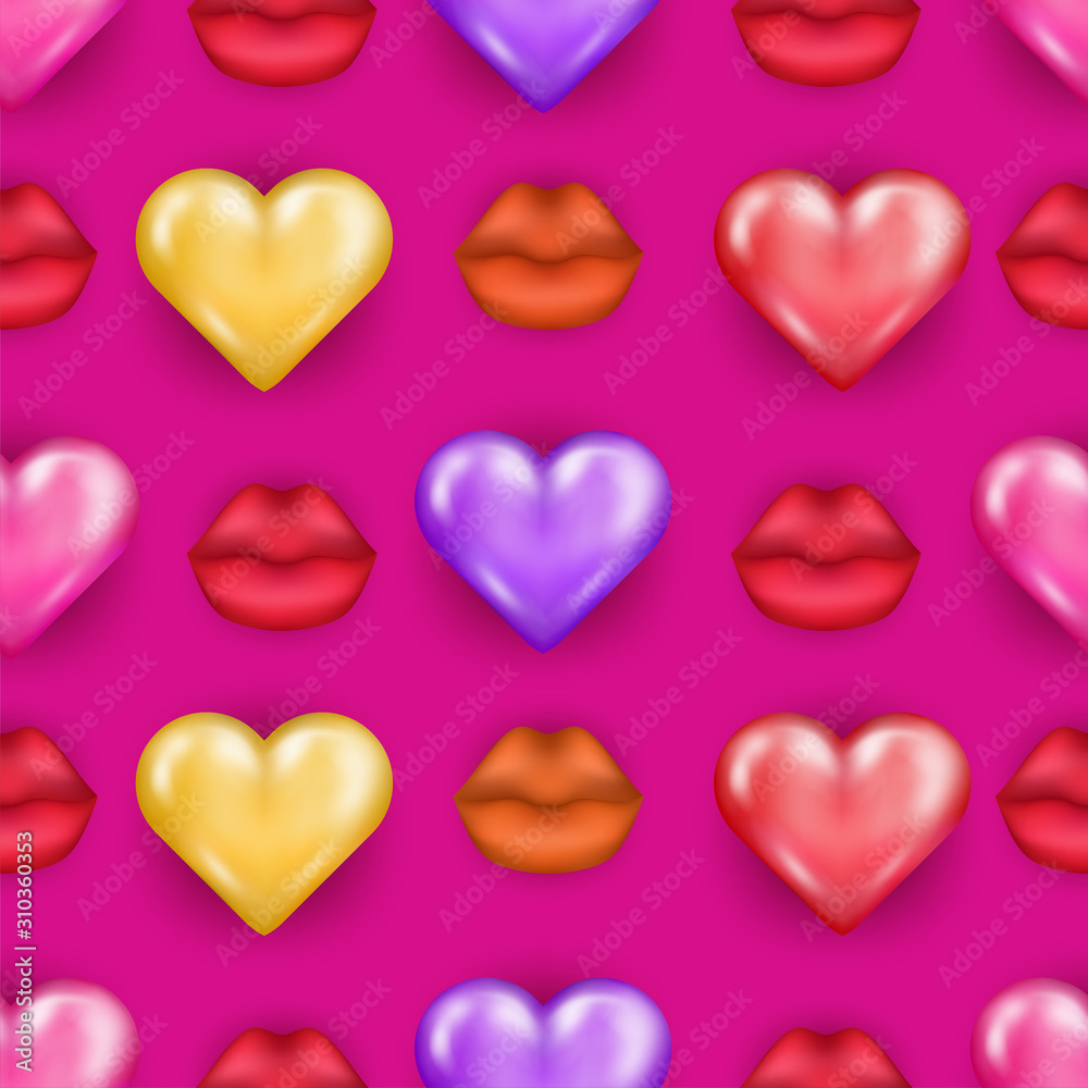 Romantic 3d pink hearts and lips vector seamless pattern. Valentine's day celebration background for textile, banners, posters. Retro sweet feelings theme, various decorative silhouettes, date symbols Romantic 3d pink hearts and lips vector seamless pattern. Valentine's day celebration background for textile, banners, posters. Retro sweet feelings theme, various decorative silhouettes, date symbols