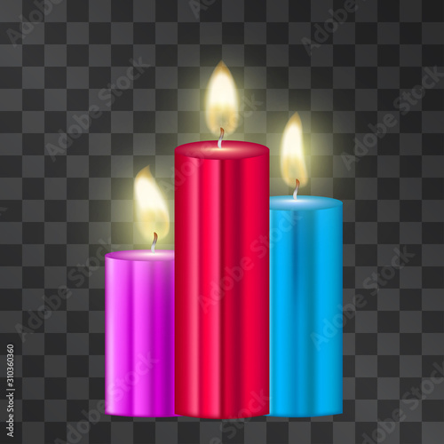 Vector Christmas candle light. Realistic vector illustration isolated on transparent background. Hope, faith and holidays symbol. Warm halo of golden glow reflects religious and spiritual concepts.