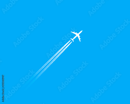 The white plane flies against the blue sky, leaving a white trail. Vector