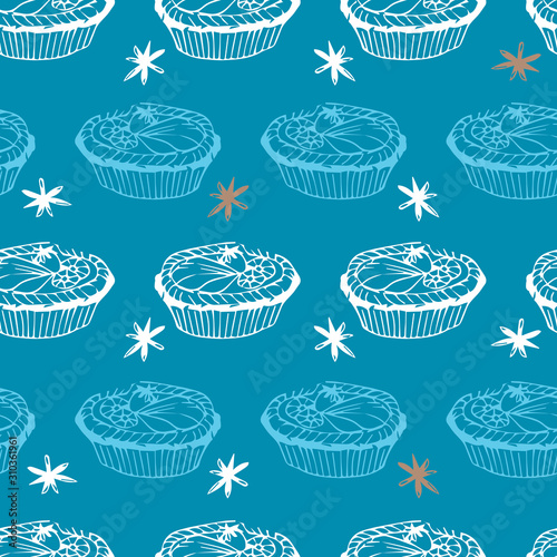 Vector blue fruit tart pastry seamless background repeat pattern. Perfect for fabric, scrapbooking and wallpaper projects.
