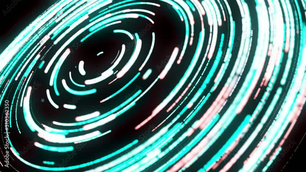 Beautiful abstract animation of multicolored neon spirals rotating in the circle on the black background. Animation. Bright vibrant laser illumination
