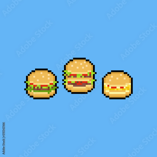 Pixel art burger icon set.