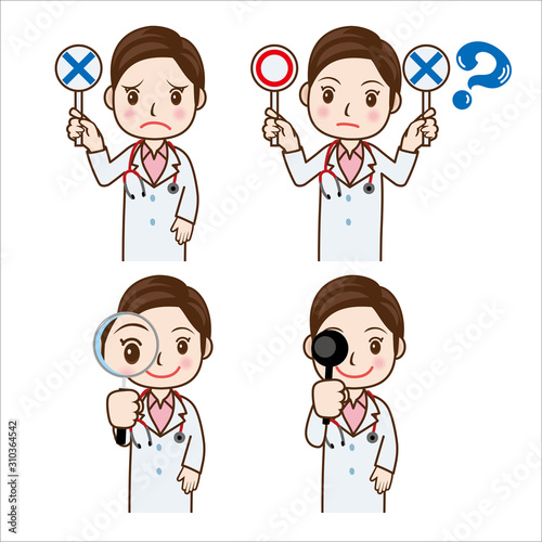 女性医師のポーズイラストセット　上半身｜マルバツ棒・虫眼鏡・視力検査｜Illustration of doctor