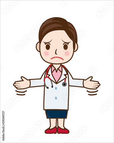 困った表情の女性医師のイラスト｜女医さん　お手上げのポーズ　全身｜Illustration of doctor