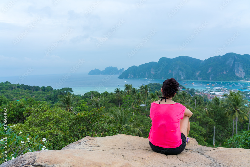 young cute hipster girl travelling at beautiful blue sky paradise tropical  coast beach PP Island Krabi Phuket Thailand guiding idea for long weekend  female relax rest woman women planning life