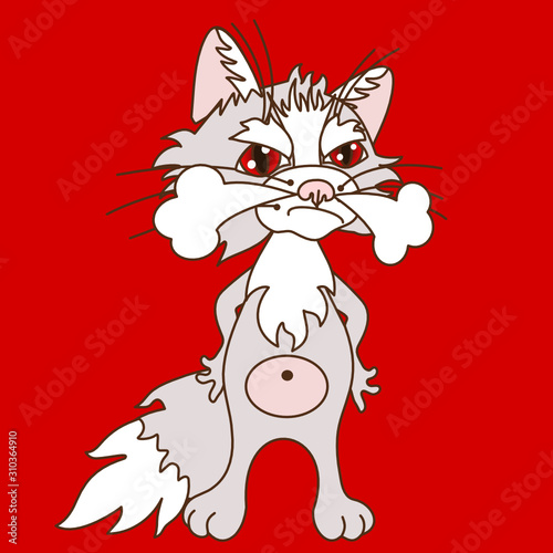 emoticon with a angry cat with red eyes, and standing hands on hips, color vector clip art on red isolated background © ta_nya