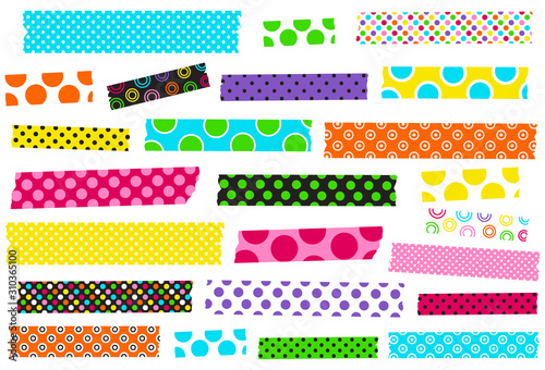 Collection of polka dot washi tape strips. Masking or adhesive tape strips, stickers or labels. Semitransparent.