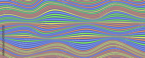 Background with multi colored stripes. Wavy uneven surface like flag or water. Minimalistic design from lines, two-tone undulating backgrounds. Abstract distorted pattern. 3d vector illustration