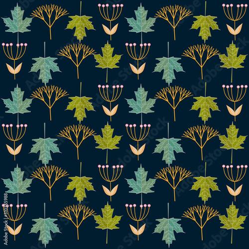 Colored leaves and additional elements, seamless pattern, dark blue background, vector