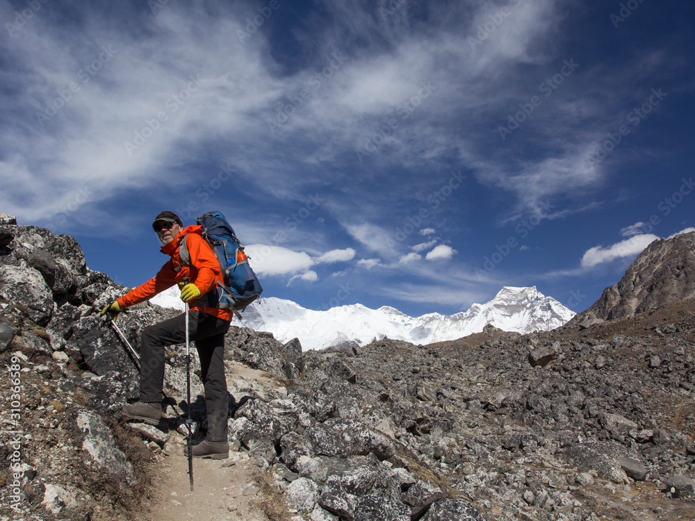 Male tourist with a backpack in the mountains. Himalayas, Nepal. Male tourist with a backpack in the mountains. Himalayas, Nepal.