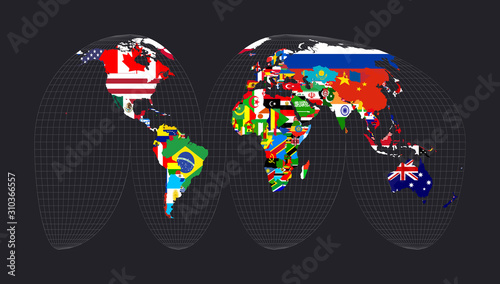 Worldmapwithallcountries andtheirflags. Goode's interrupted Mollweide projection. Map of the world with meridians on dark background. Vector illustration.