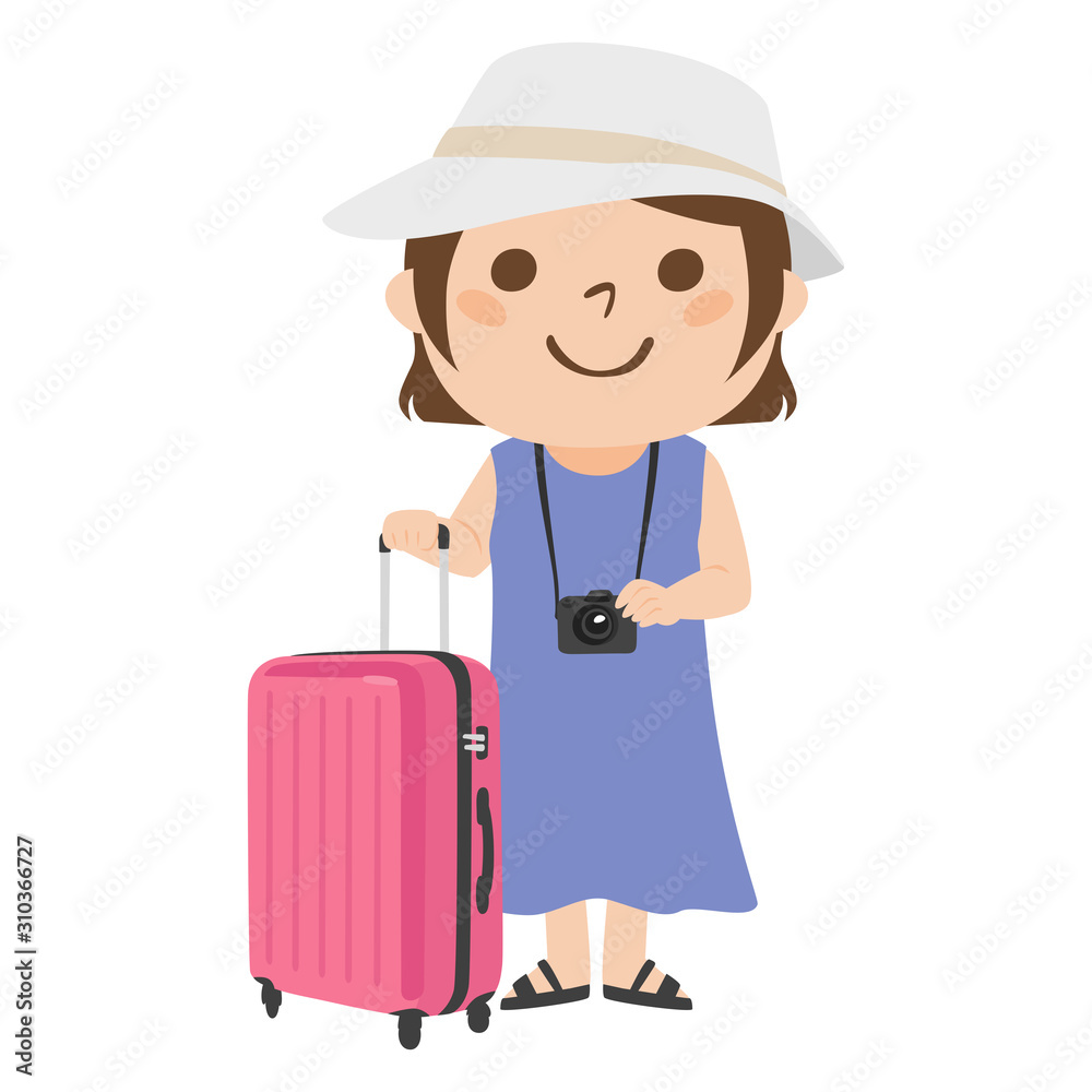 旅行者のイラスト 大きなスーツケースを持って 旅行している若い女性 Stock Vektorgrafik Adobe Stock