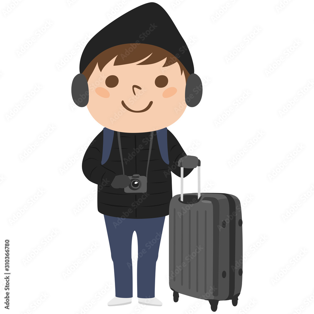 旅行者のイラスト 大きなスーツケースを持って 旅行している若い男性 Stock Vector Adobe Stock