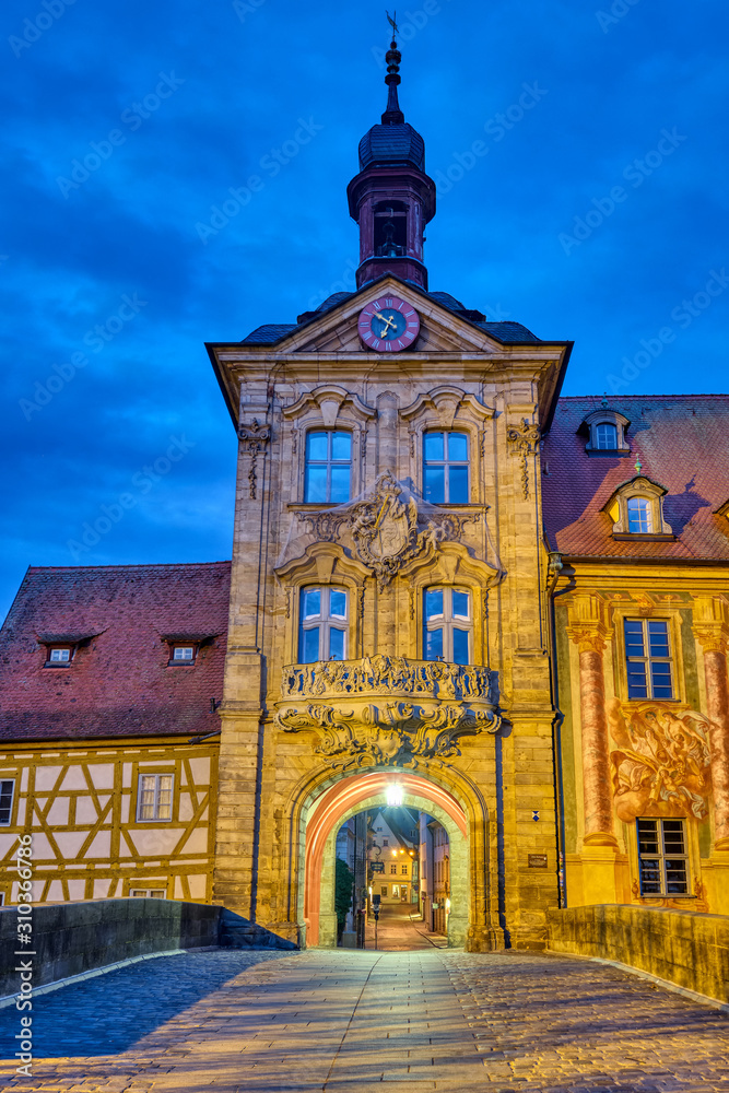 The historic Altes Rathaus of Bamberg in Bavaria, Germany, at night