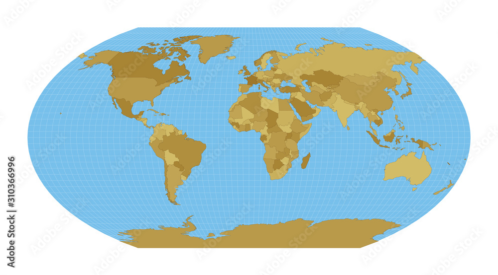 World Map. Wagner VI projection. Map of the world with meridians on blue background. Vector illustration.