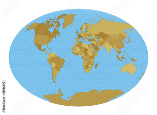 World Map. Fahey pseudocylindrical projection. Map of the world with meridians on blue background. Vector illustration.