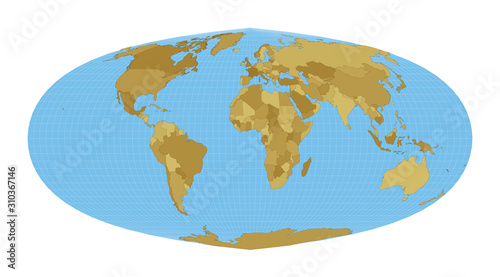 World Map. Foucaut s sinusoidal projection. Map of the world with meridians on blue background. Vector illustration.