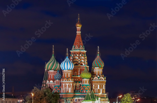 Night view of the domes of the Saint Basil's Cathedral on Red Square in Moscow, Russia