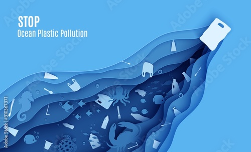 Stop ocean plastic pollution banner design template in paper cut style. Papercut butterfly fish, seahorse, moonfish, turtle, crab, octopus and plastic trash. Vector World Oceans Day concept