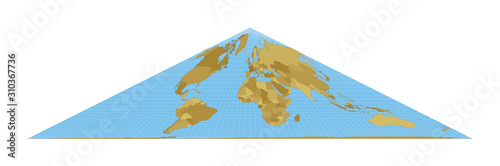 World Map. Collignon equal-area pseudocylindrical projection. Map of the world with meridians on blue background. Vector illustration.