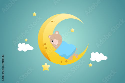Sweet dream and Good night concept Background. Teddy bear is sleeping on the moon. Space for your text.