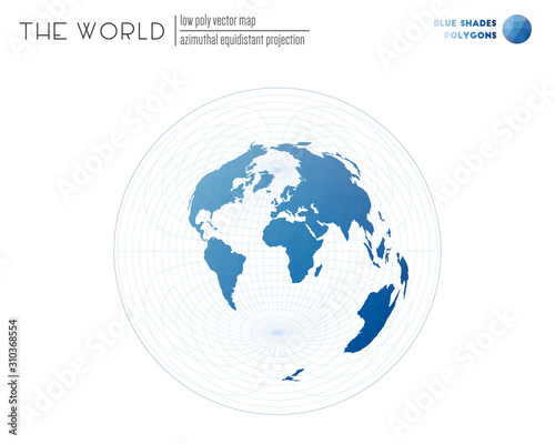Abstract geometric world map. Azimuthal equidistant projection of the world. Blue Shades colored polygons. Creative vector illustration.