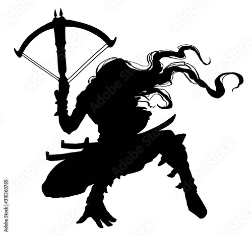 Photo A silhouette, a bounty hunter in a dynamic pose, with long hair and a crossbow in his hand, loaded with two arrows
