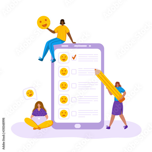 Client feedback concept, girl with giant pencil put a tick opposite happy smile on phone screen, customers review and feedbacks, online service evaluation. flat tiny people, emotional smiles - Vector