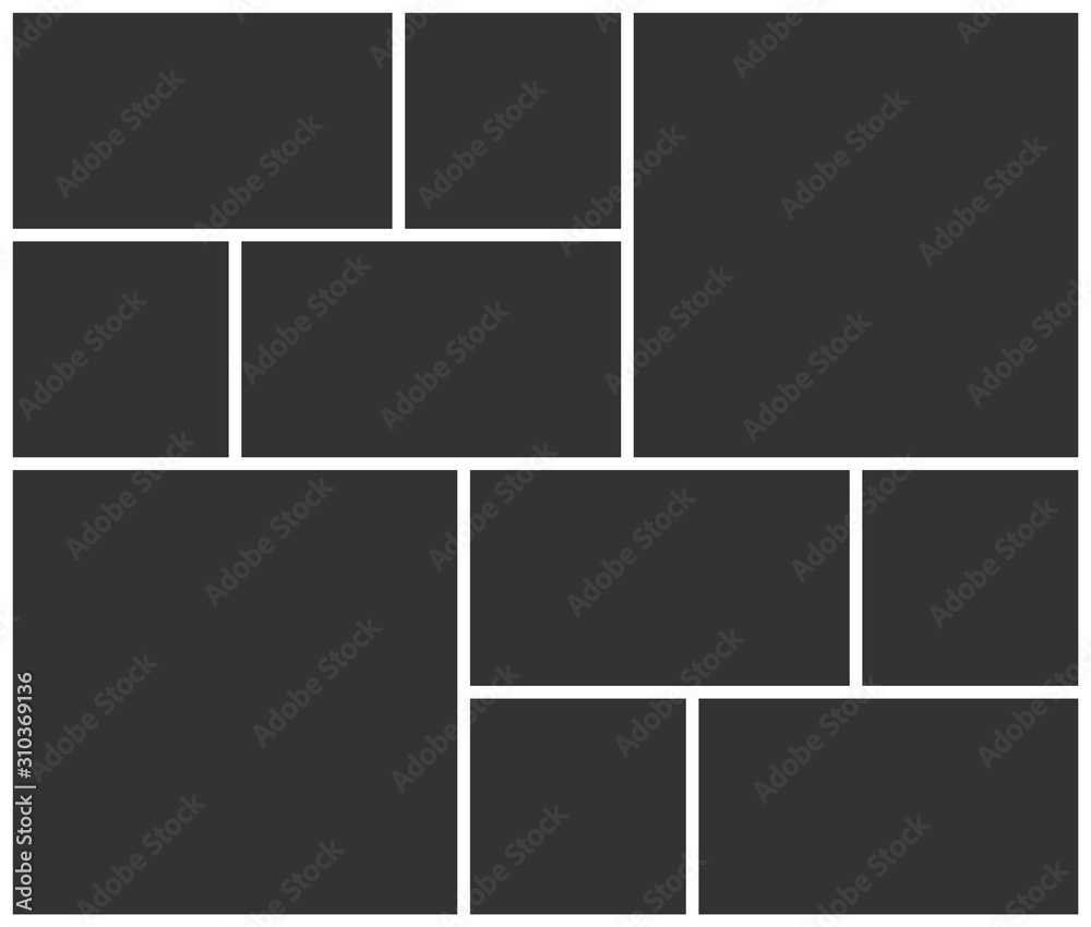 Empty photo frame collage layout of ten parts. Poster frame mockup. Vector template photo collage.