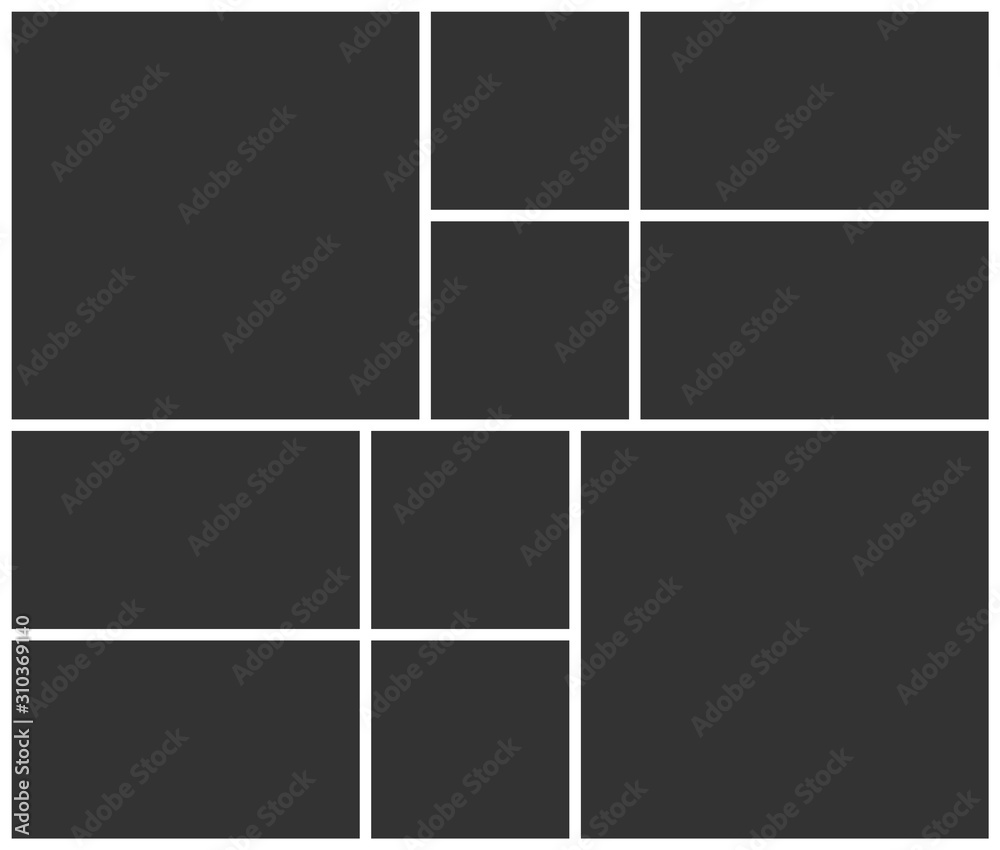 Empty photo frame collage layout of ten parts. Poster frame mockup. Vector template photo collage.