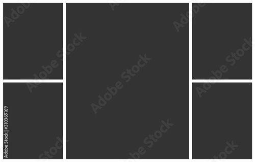 Photo collage template of five parts frames for image montage. Empty layout frames. Vector collage mockup.