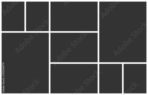 Collage template for photo montage. Empty 9 frames layout for insert an images. Vector photo collage mockup frame of nine parts.