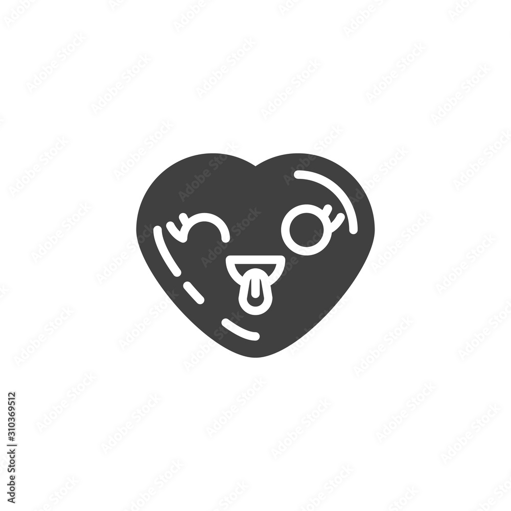 Winking Face With Tongue emoji vector icon. filled flat sign for mobile concept and web design. Flirting heart shape emoticon glyph icon. Love symbol, logo illustration. Vector graphics Winking Face With Tongue emoji vector icon. filled flat sign for mobile concept and web design. Flirting heart shape emoticon glyph icon. Love symbol, logo illustration. Vector graphics